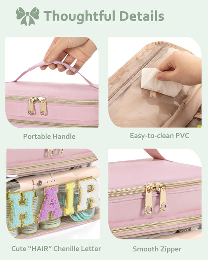 Fasrom Double Layer Hair Accessories Organizer, Preppy Patch Makeup Bag with HAIR Chenille Letter, Portable Travel Cosmetic Pouch Clear Toiletry Case for Women Girl, Pink(Bag Only, Patent Design)