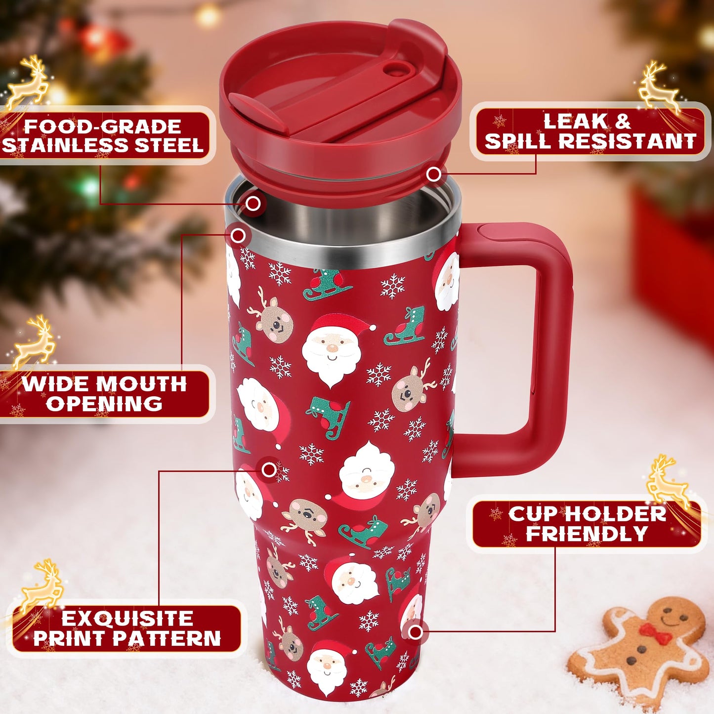 Skywerc Christmas Gifts for Women Mom Daughter, 40 oz Christmas Tumbler with Handle and Straw Lid, Xmas Stainless Steel Insulated Travel Mug, Keep Cold for 34 Hours (Red Santa & Deer)