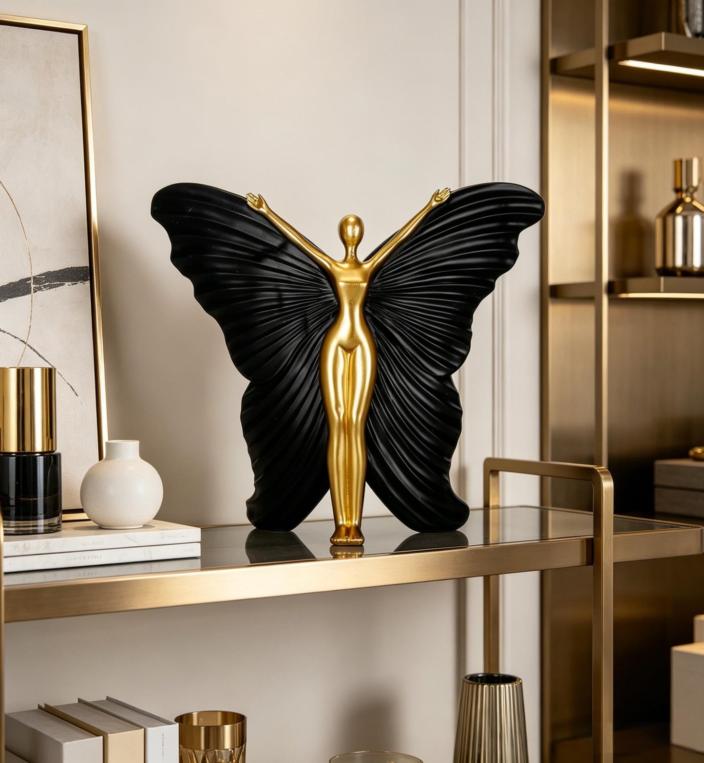 Black Fairy Butterfly Statue Collectible Figurines - Fairy Butterfly Art Sculptures Abstract Modern Home Decor Accents - Resin Black Fairy Statues Gifts for Office Desktop Shelf Cabinets Coffee Table