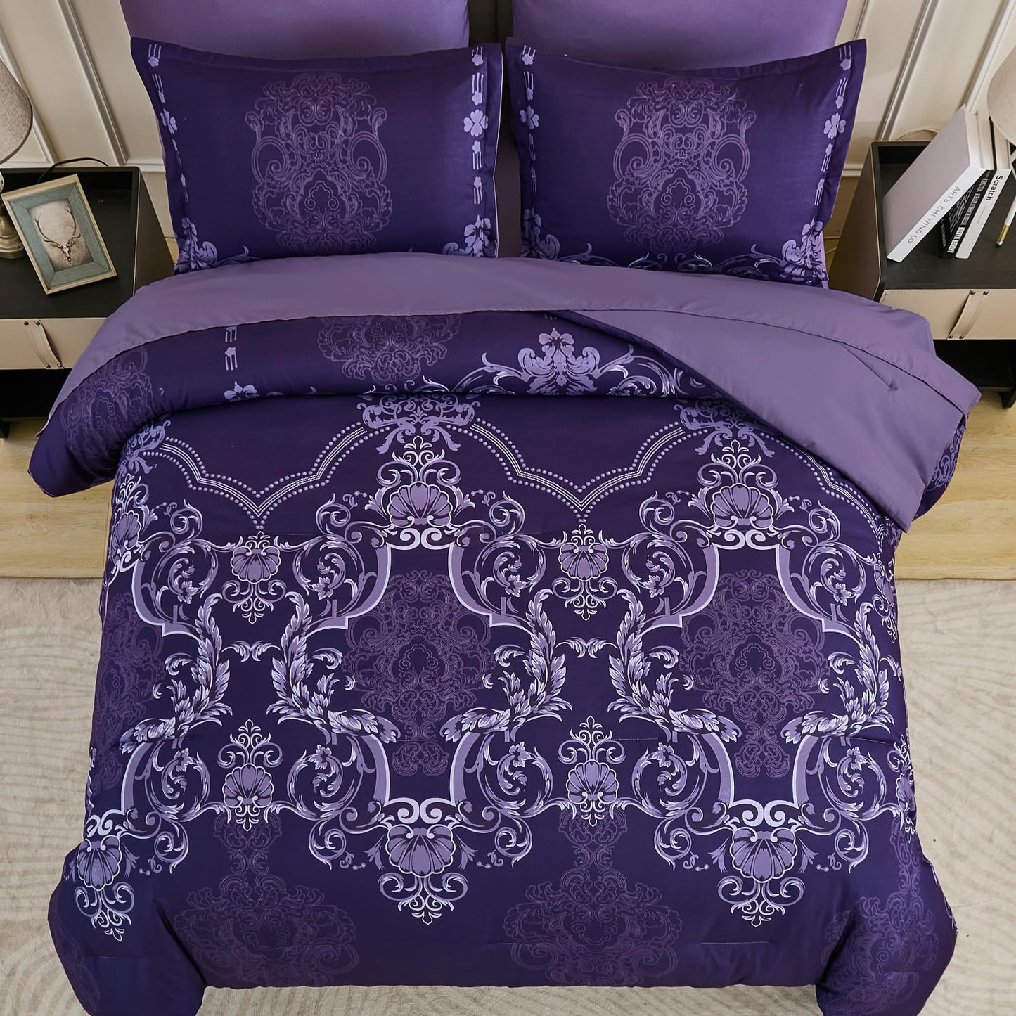 Mybedsoul Dark Purple Queen Comforter Set, 7 Pieces Boho Bed in a Bag for Queen Bed, Damask Comforter with Sheets Pillowcases, Soft Microfiber Lightweight Bedding Sets for All Season(90"x90")