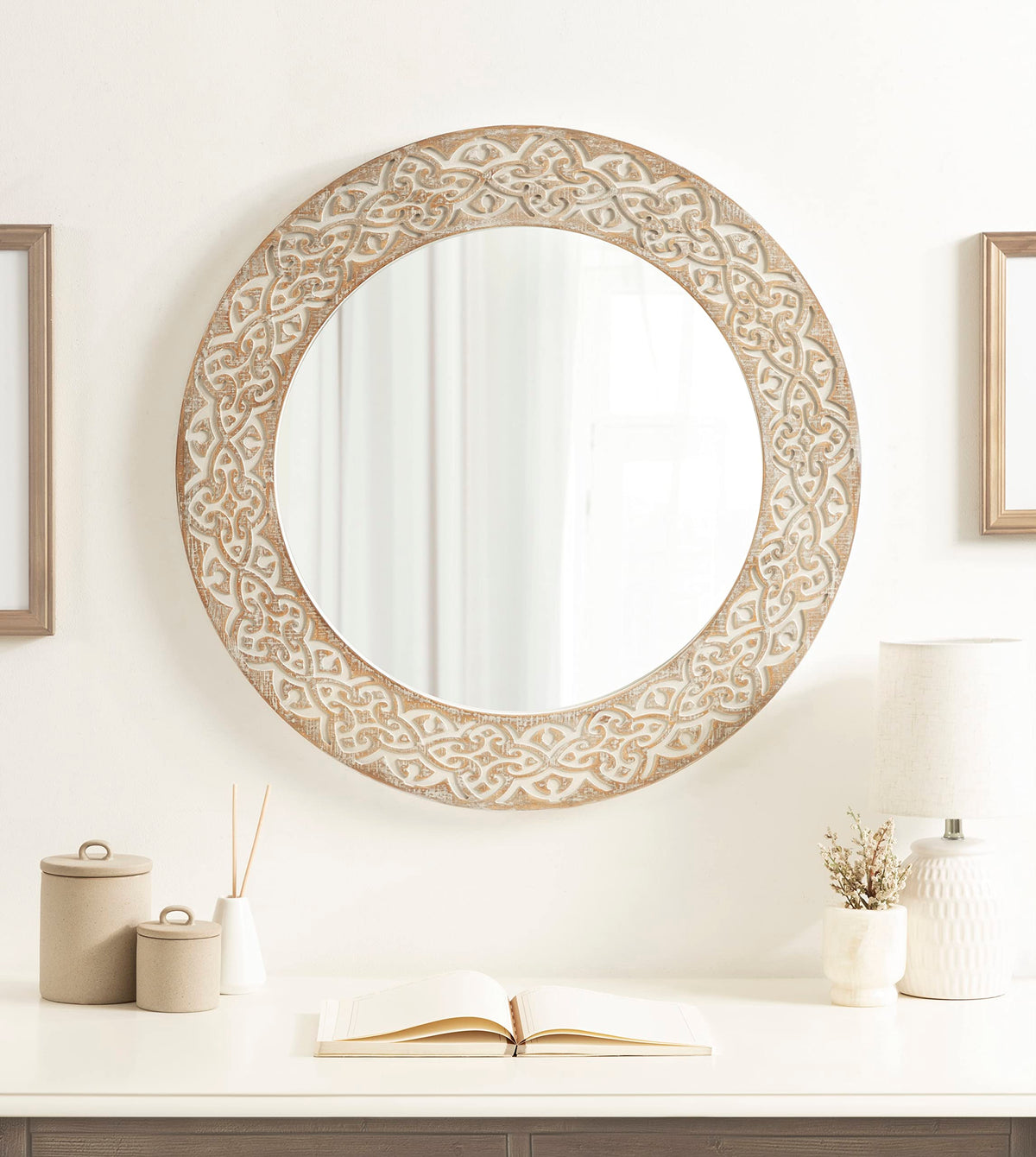 Kate and Laurel Engrahm Rustic Engraved Wooden Round Mirror, 26 Inch Diameter, Rustic Brown and White, Modern Farmhouse Distressed Circle Mirror for Use as Bathroom Mirror for Over Sink