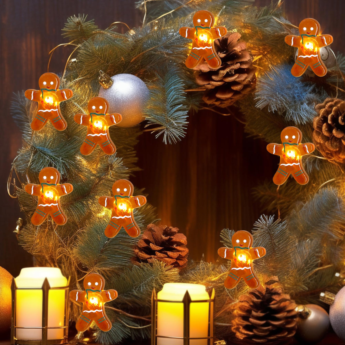 Impress Life Festive Decoration String Lights, Gingerbread Man Cookies 10 ft 40 LEDs with Battery/USB Powered Dimmable Fairy Lights with Remote for House Bedroom Decorative, Wedding Home