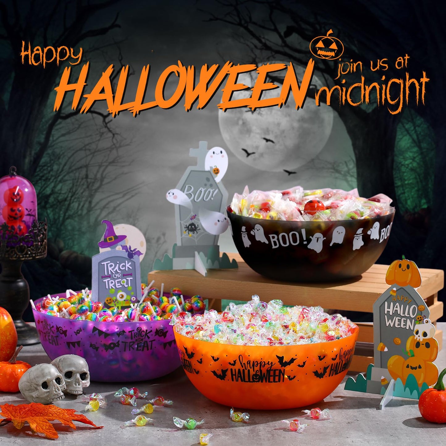 Tioncy 3 Set Large Halloween Candy Bowls with Tombstones Stands, Plastic Candy Dish Serving Bowls Treat Sweet Holders Party Decor Halloween Party Supplies