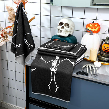 Preboun 3 Pack Halloween Skull Bathroom Towels Set Halloween Hand Towels for Bathroom Skeleton Bath Towels Dancing Skeleton Body Dish Towels Absorbent Fingertip Towel for Kitchen Hotel Beach Gym Spa