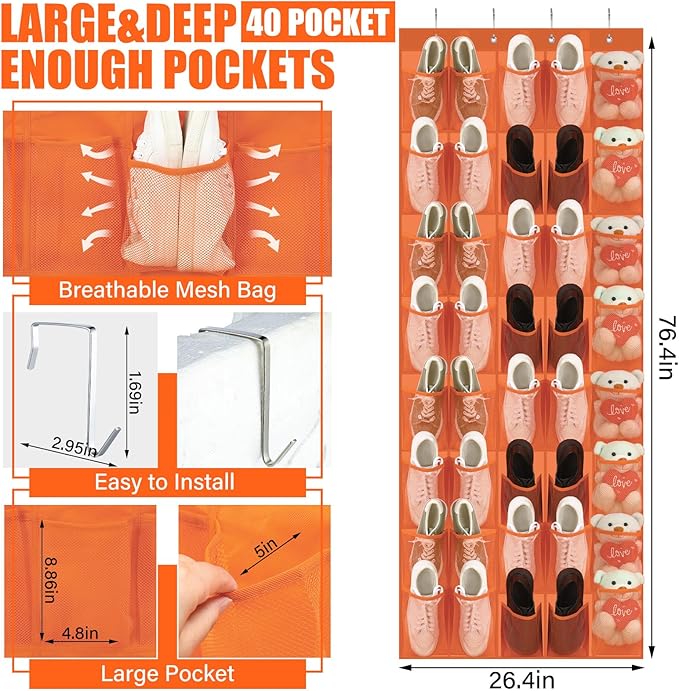 Windyun 40 Over the Door Shoe Organizer Large Mesh Pocket Hanging Shoe Rack