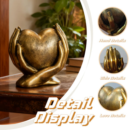 Gold Heart Hands Sculpture Boho Home Decor Accents Living Room Decor, Aesthetic Shelf Decoration, Ideal for Coffee Table, Shelves, Home, Bedroom, Birthday, Wedding Table Decor, and Symbol of Love