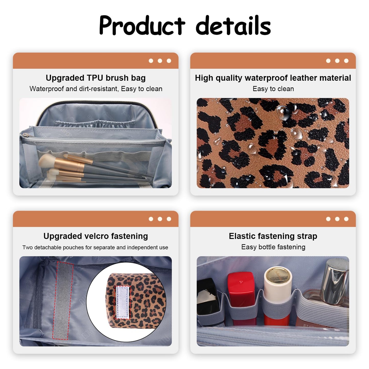 BOYATU Travel Makeup Bag for Women: 3-in-1 Modular Leopard Print Cosmetic Bag Set for 3-15 Day Trips - Waterproof Vegan Leather Toiletry Bag - Perfect for Party/Festival/Night Out - Gift Box - Brown
