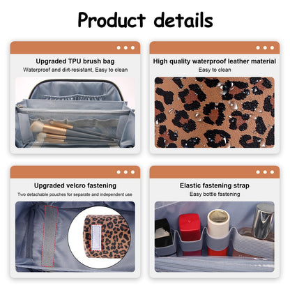 BOYATU Travel Makeup Bag for Women: 3-in-1 Modular Leopard Print Cosmetic Bag Set for 3-15 Day Trips - Waterproof Vegan Leather Toiletry Bag - Perfect for Party/Festival/Night Out - Gift Box - Brown