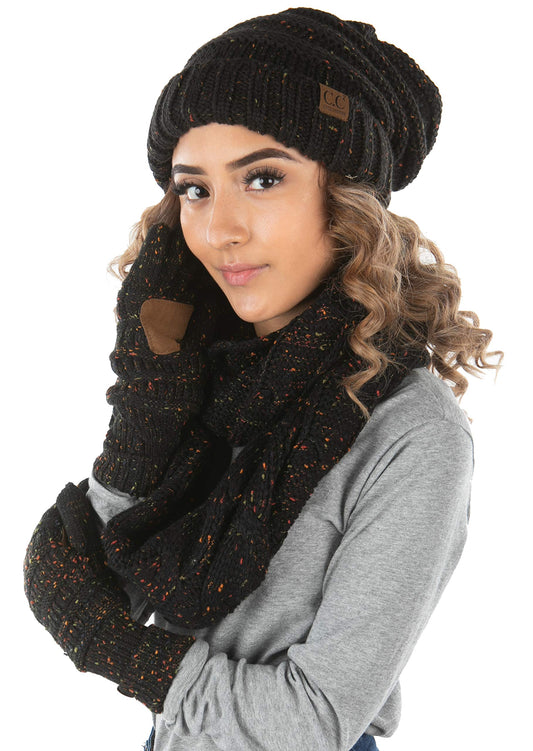 Funky Junque Hat Scarf Glove Set for Women – Matching Winter Set with Oversized Slouchy Beanie, Knit Infinity Scarf & Warm Cozy Gloves for Cold Weather - Confetti Black