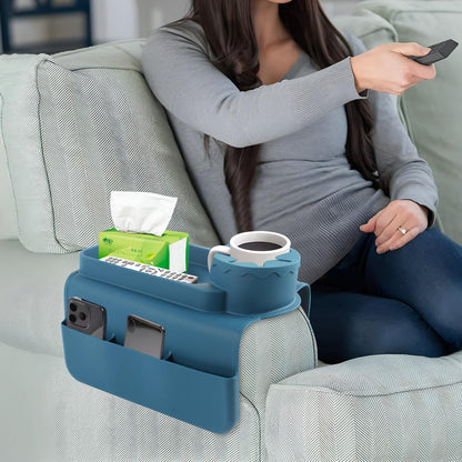CENELO Silicone Couch Cup Holder - Anti-Slip Sofa Armrest Tray with Cup Holder & 4 Pockets, Large Size Foldable Couch Arm Tray for Cup, Snack, Phone, Tablet, Remote Control, Gifts for Mom Dad