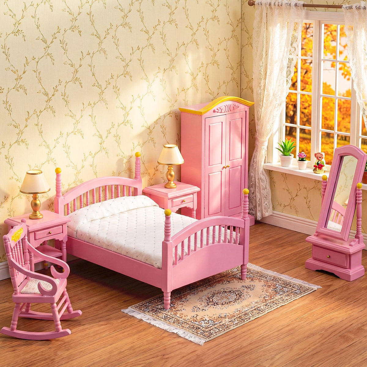 Skylety 7 Pcs Wooden Dollhouse Furniture Set 1: 12 Scale Victorian Dollhouse Bedroom Furniture, Bed Dressing Table Wardrobe Carpet for Adults Toys Miniature Doll House Accessories(Pink,Bright)