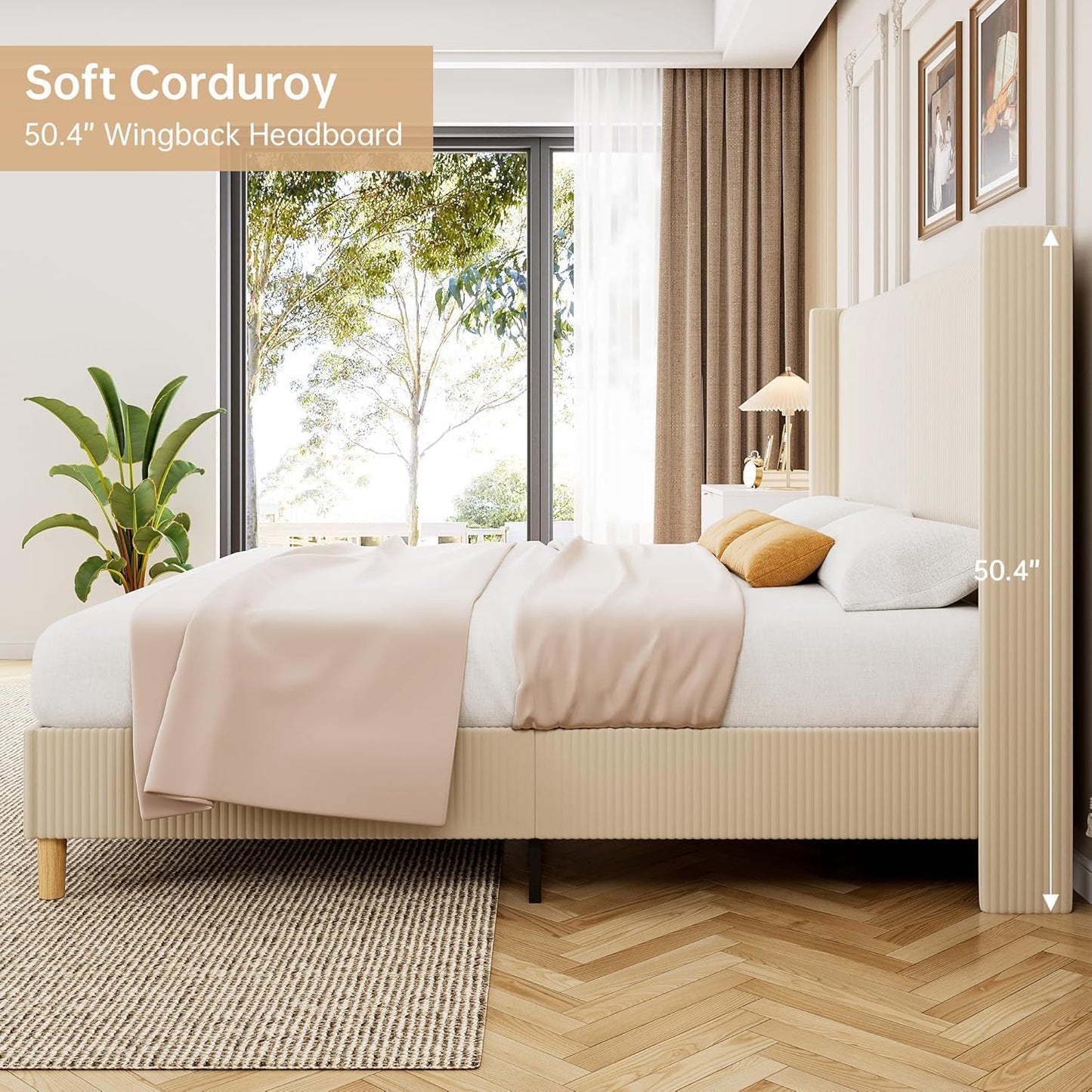 GAOMON Upholstered Bed Frame with Tall Wing-Back Headboard, King Size Corduroy Bed Frame with Sturdy Wooden Slats, No Box Spring Needed, Noise Free, Easy Assembly, Beige