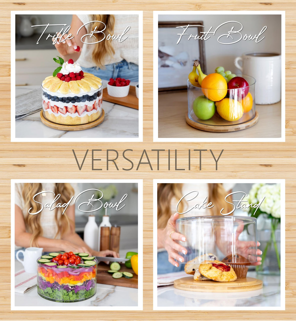 25DOL Extra Large 10 inch Clear Glass Salad Bowl Dish【Hand Blown】 Dual Function Bamboo Lid - Mixing Bowl for Salads, Dessert, Fruit, Punch - Centerpiece Large Serving Bowls - Airtight Lid