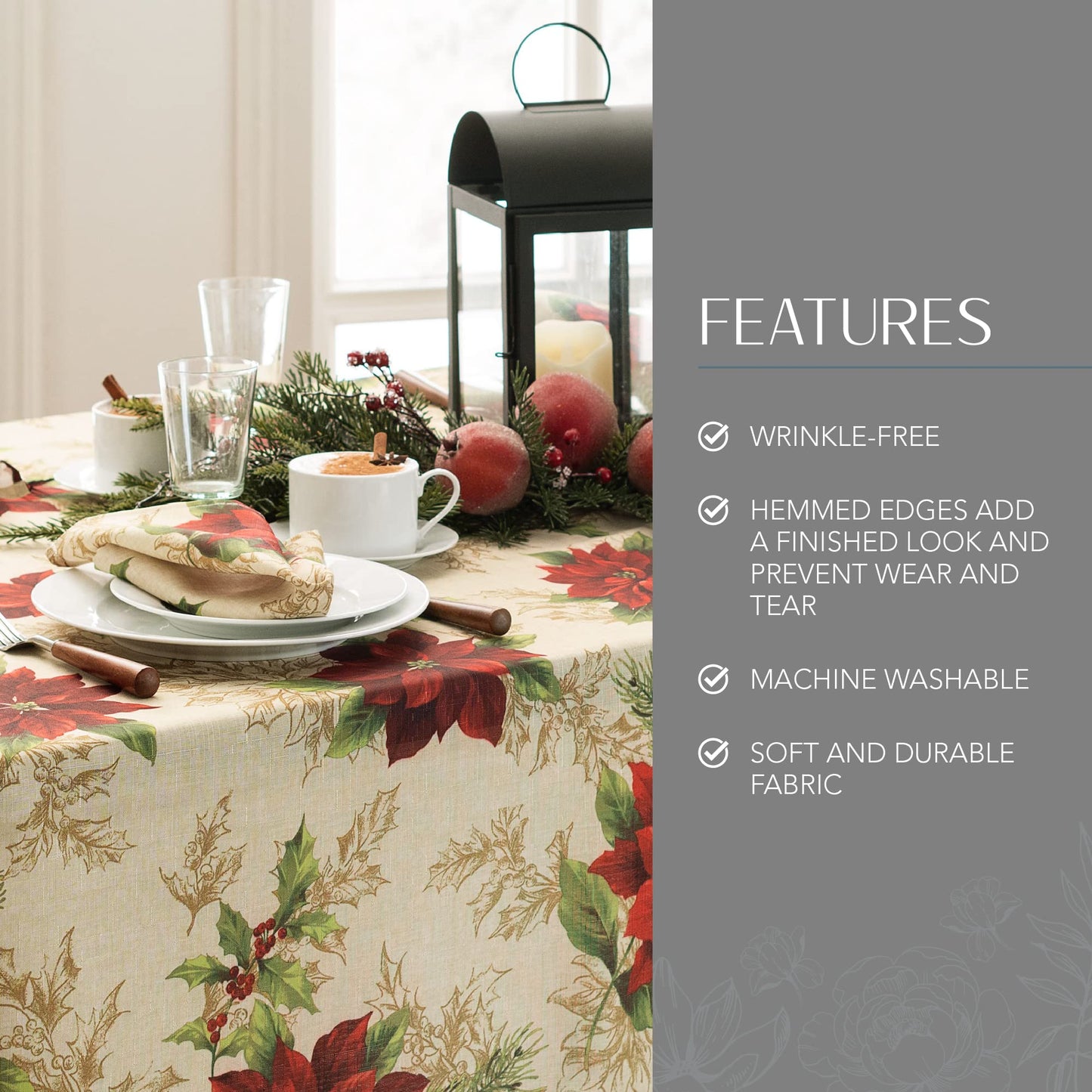 Elrene Home Fashions Festive Poinsettia Holiday Wrinkle Resistant Fabric Tablecloth, Multi, 60"x84" Rectangle