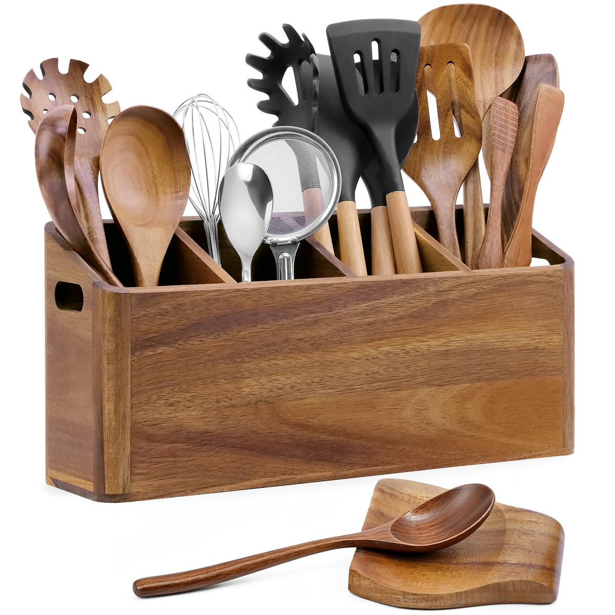 Wooden Kitchen Utensil Holder Countertop, Wooden Cooking Utensil Holder