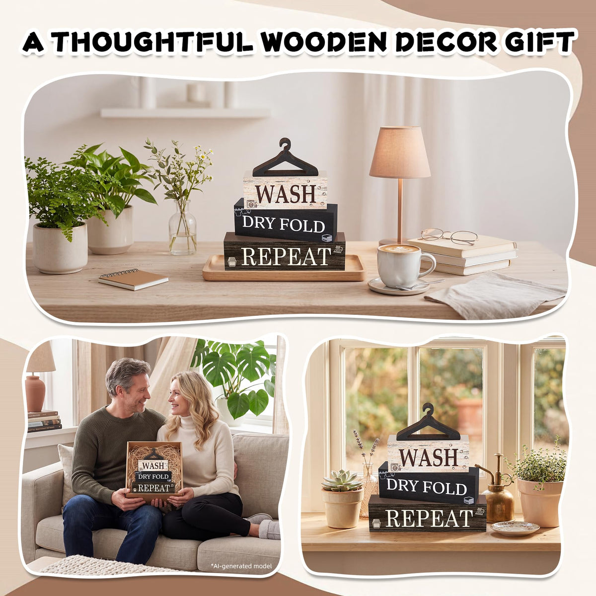 4 Pcs Laundry Wooden Table Decor, Laundry Farmhouse Table Decorations for Home Office