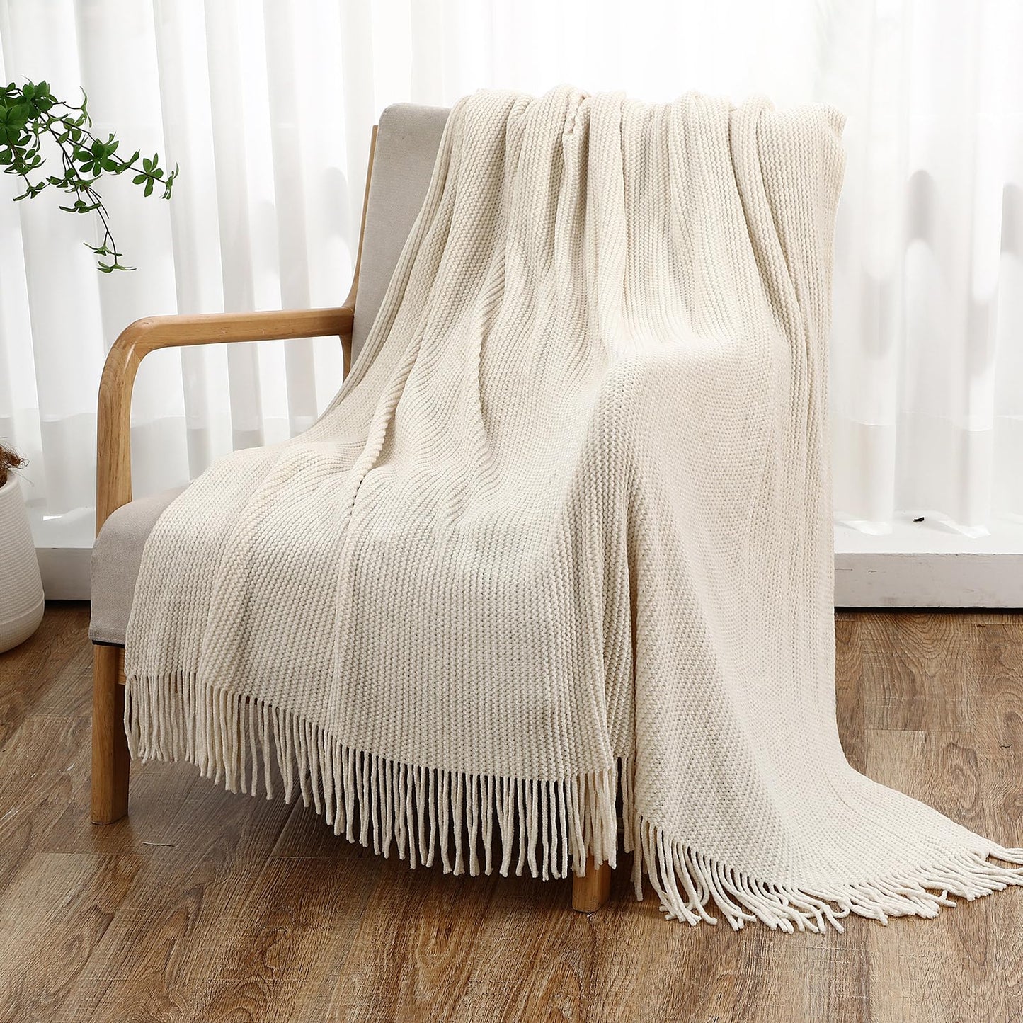 SmoothNovelty 6 Pcs Beige Boho Throw Blankets Bulk Cozy Knitted Bed Throw Blanket with Tassels Woven Textured Decorative Throw Blanket for Couch Room Sofa Bed Chair Acrylic Wave Pattern, 50" x 60"