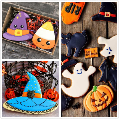4PCS Large Halloween Cookie Cutters, Stainless Steel Metal Molds Pumpkin, Bat, Ghost, Wich's Hat Cookie Cutters with Decorating Instructions