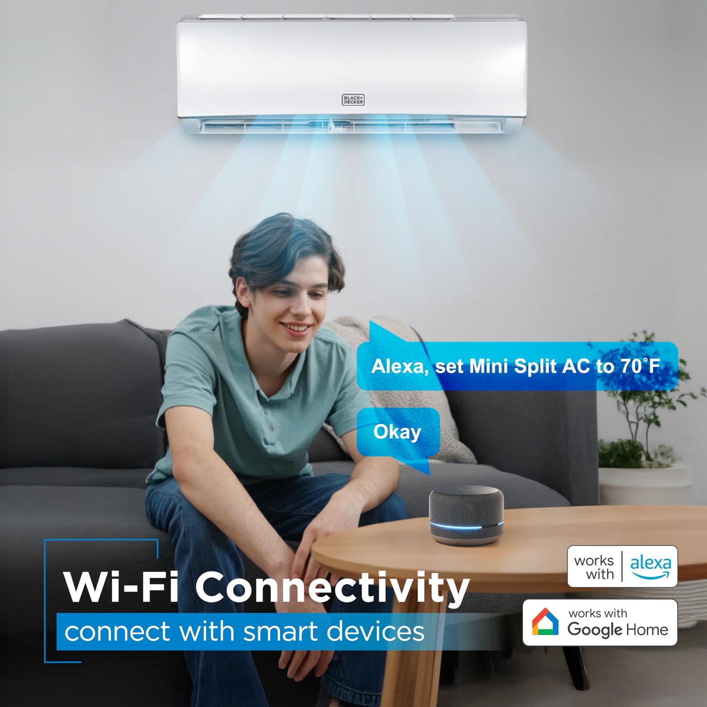 BLACK+DECKER 11,500 BTU Smart Mini Split Air Conditioner with Heat, Inverter Compressor, Wi-Fi, Voice Control, 17 SEER2, 4-in-1 AC Unit, App Available, Remote, 115V, BSA1115TC, White