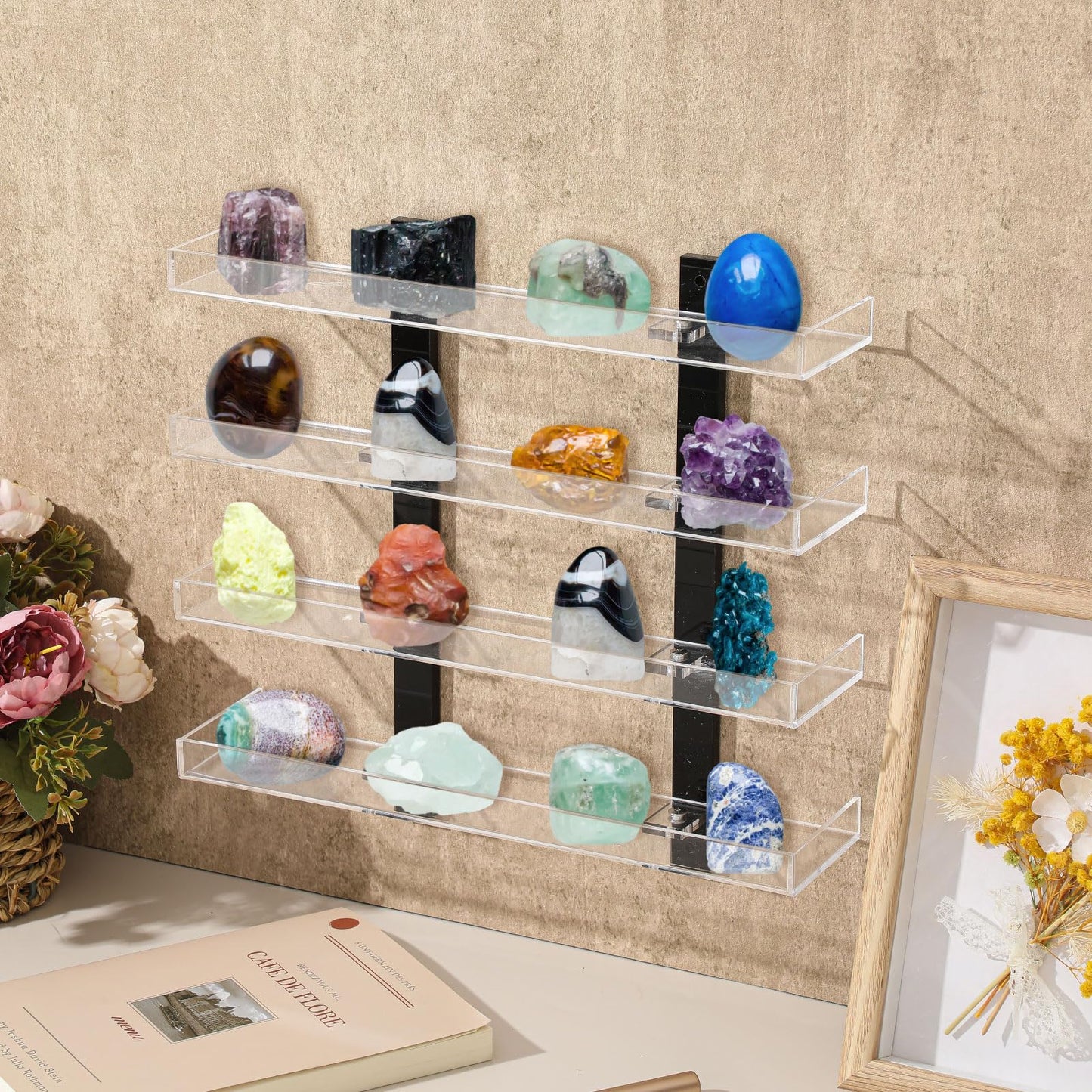 Novabright 4 Layer Acrylic Clear Rock Display Shelves for Wall Floating Shelves Organizer for Stone Collection 11.8" Rock Display for Stone Minerals Gemstones Crafts Figure Perfume for Living Room