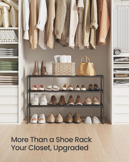 SONGMICS Shoe Rack, 3-Tier Shoe Organizer, Metal Storage Shelf, Upright or Upside Down, for 16-20 Pairs, Stackable, for Entryway, 11.8 x 36.2 x 21.7 Inches, Black ULSA303B02
