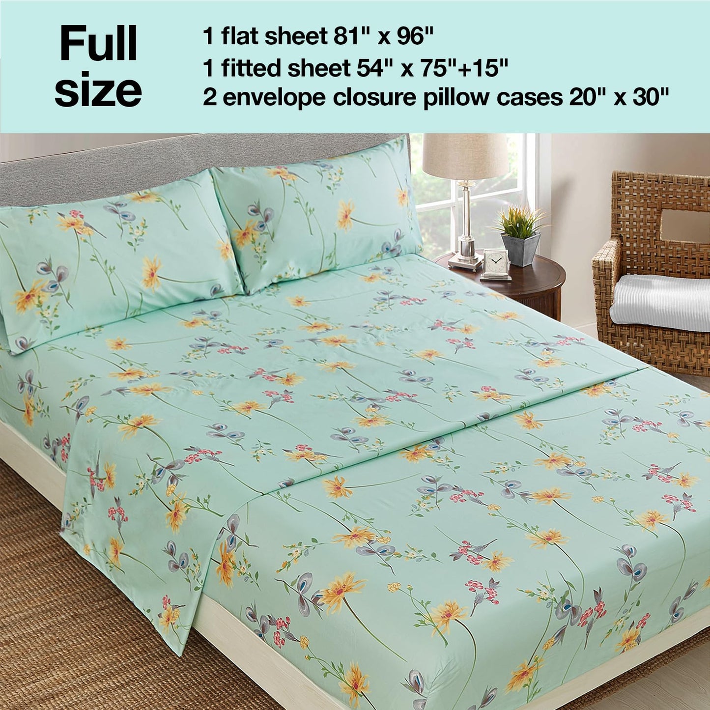 JSD Green Floral Printed Sheet Set Full Size, 4 Piece Soft Botanical Microfiber Sheets Extra Deep Pocket