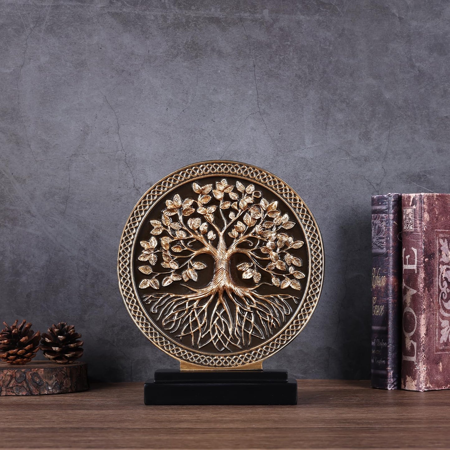 DOVDOV Abstract Circular Tree of Life Decorative Sculpture, Black and Gold Home Decor, Modern Art Home Accent Suitable for Office Shelves, Coffee Tables, and Above Cabinet Decorative Statue.