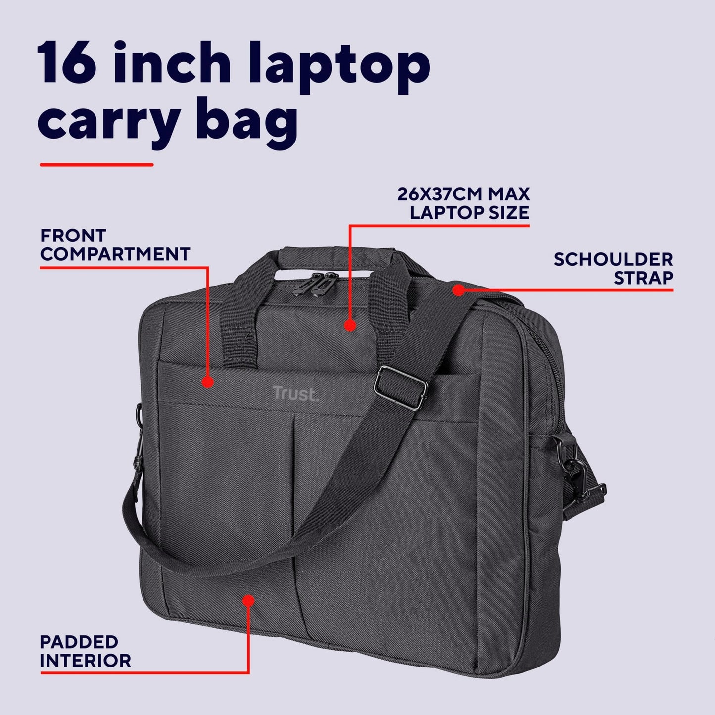 Trust Primo Laptop Bag 16 Inch, Work Bag with Padded Interior, Adjustable Shoulder Strap, Dual Metal Zippers, Messenger Bag for Business, Notebooks, Macbook - Black