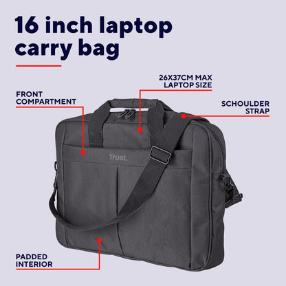 Trust Primo Laptop Bag 16 Inch, Work Bag with Padded Interior, Adjustable Shoulder Strap, Dual Metal Zippers, Messenger Bag for Business, Notebooks, Macbook - Black