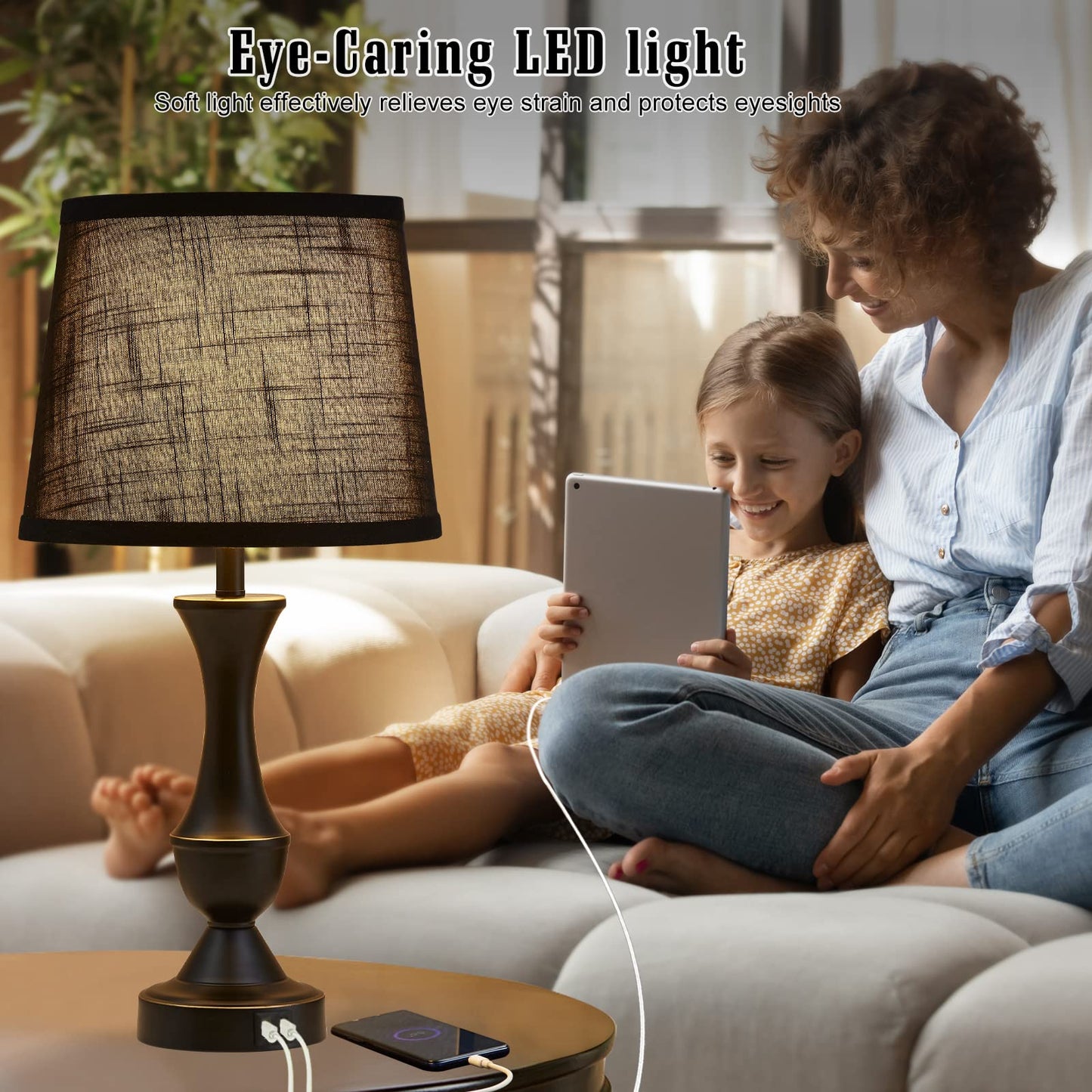 Luvkczc Black Touch Table Lamps Set of 2, 22" Tall Bedside Lamps with USB C+A Charging Ports, Nightstand Lamps for for Bedroom, Living Room, Office, with Black Lampshade, LED Bulb Included