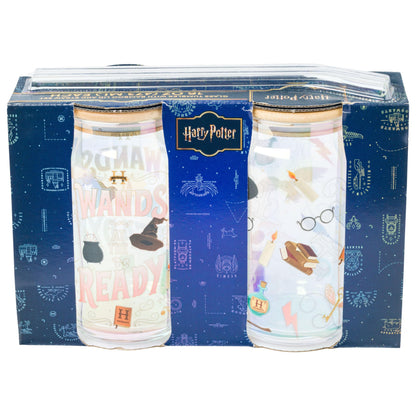 Silver Buffalo Harry Potter Iconic Icons Pattern Wands at the Ready 2 Pack Glass Jar Tumbler with Bamboo Lid and Glass Straw, 16 Ounces