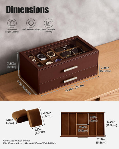 ProCase Mens Jewelry Box, 6 Slot Watch Case with Drawer & Glass Display Top, 2-layer Watch Holder Storage for Watches, Sunglasses, Rings, Bracelets, Jewelry Organizer, Gift for Men -Espresso