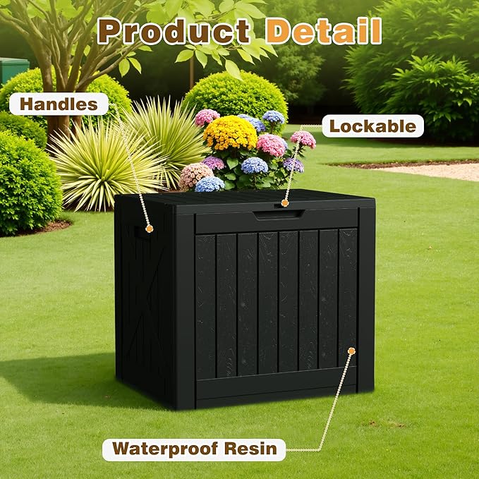 Flamaker Resin Deck Box 40 Gallon Waterproof Outdoor Indoor Storage Box Imitation Wood Resin for Patio Furniture Garden Tools and Pool (Black)