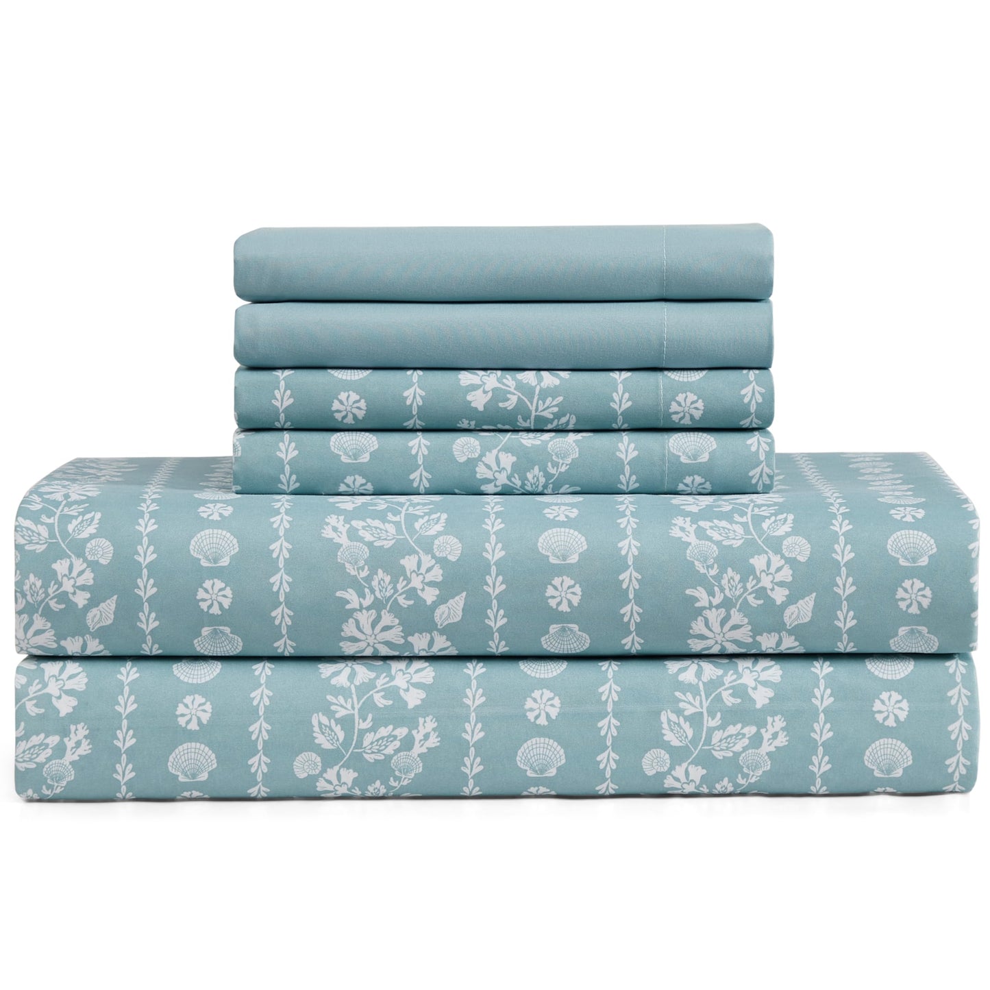 Caribbean Joe 6-Piece Sheet Set with Cooling Pillowcases, 12-inch Deep Pockets, Tropical Beach Coastal Design, Queen, Coastal Stripe Light Blue