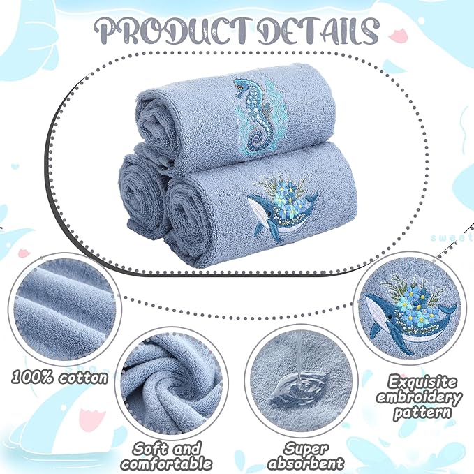 3 Pack Ocean Hand Towels for Bathroom 100% Cotton Embroidered Seahorse