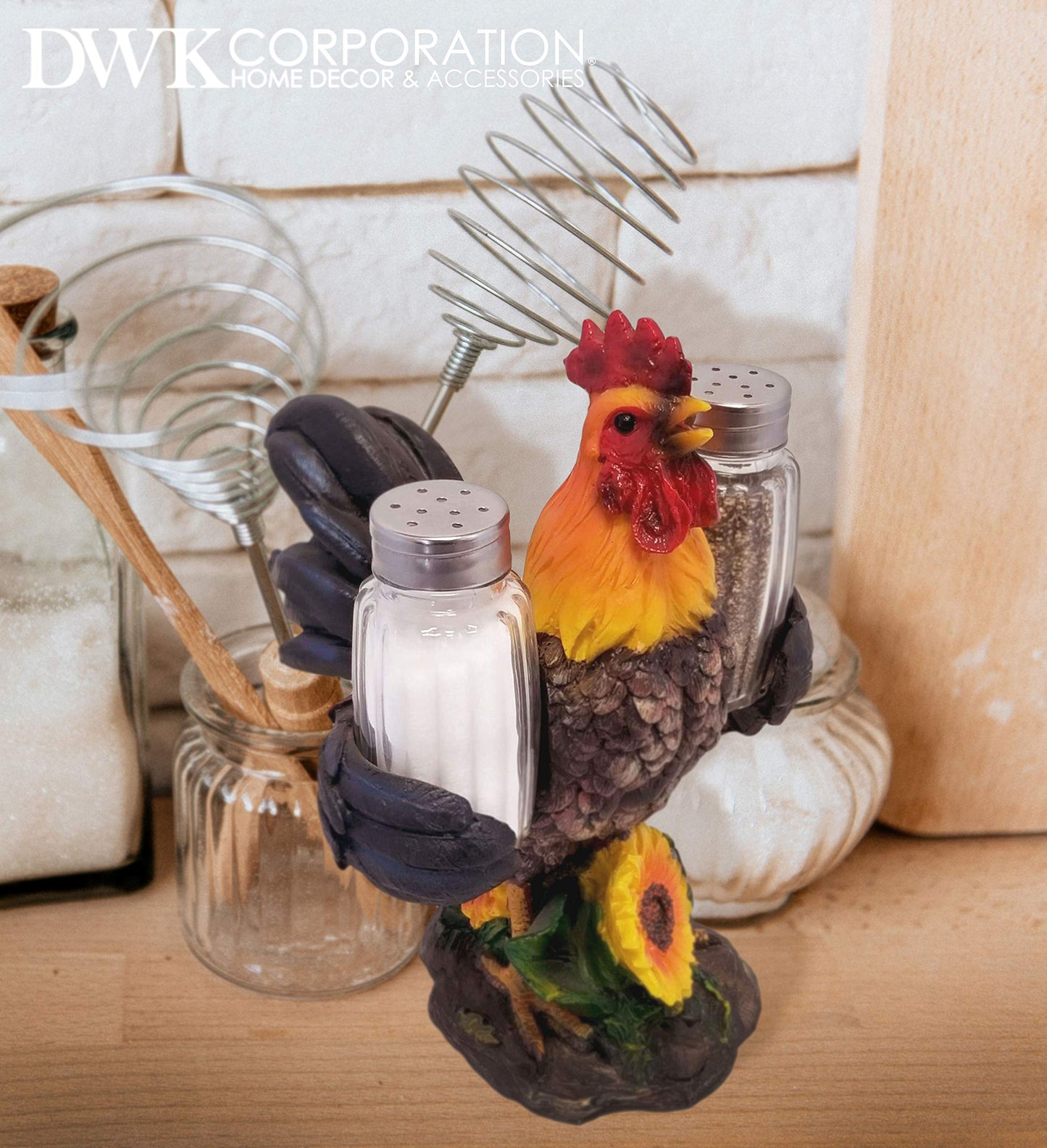 DWK 8-inch Spice to Crow About Country Rooster Salt and Pepper Shaker Figurine Display Holder Kitchen and Dining 3-Piece Set