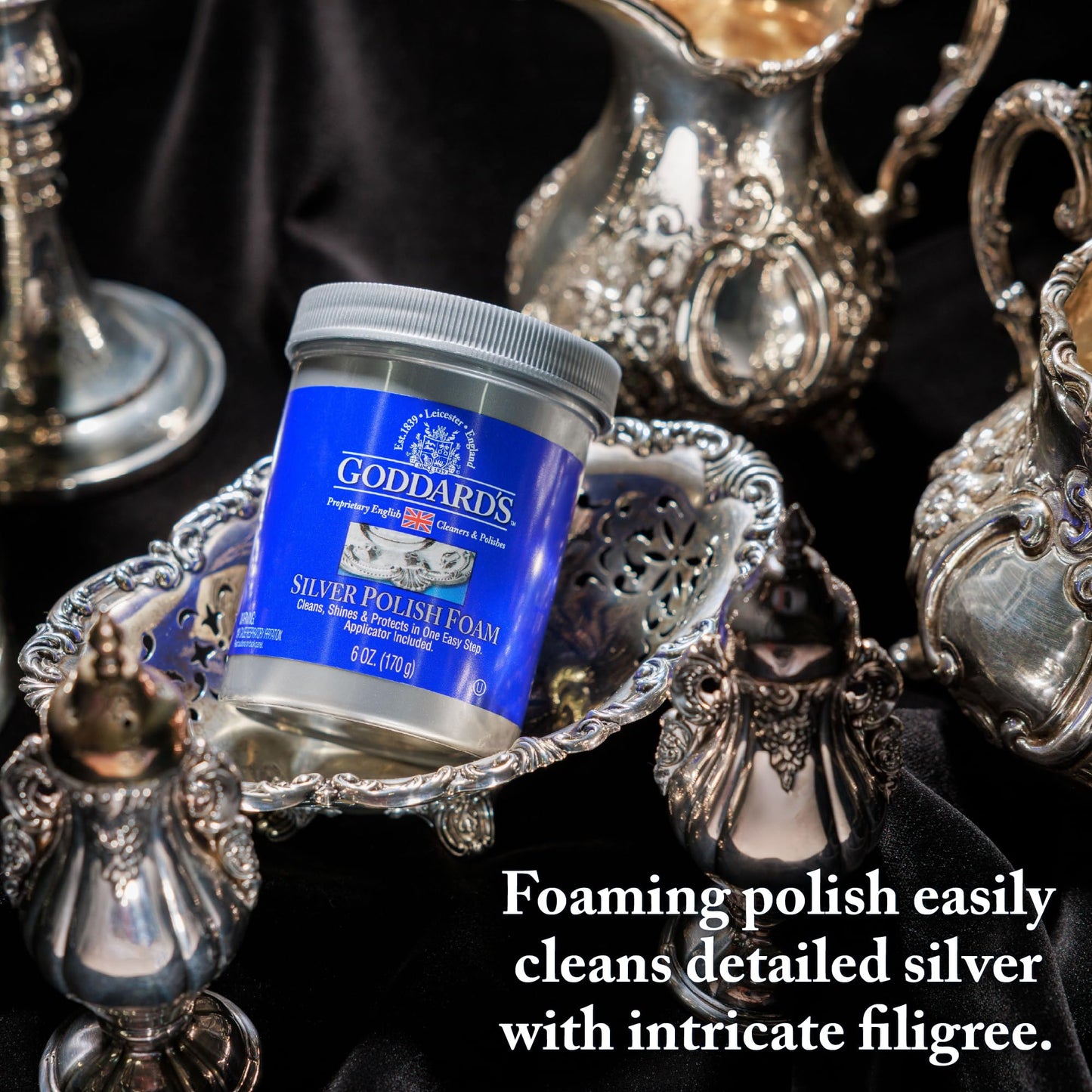 Goddard's Silver Polish Foam – 170 grams – Silver Cleaner & Tarnish Remover with Applicator – Cleans, Shines & Protects – Silverware, Jewelry, Antiques, Cutlery, Trays, Tea Sets and More