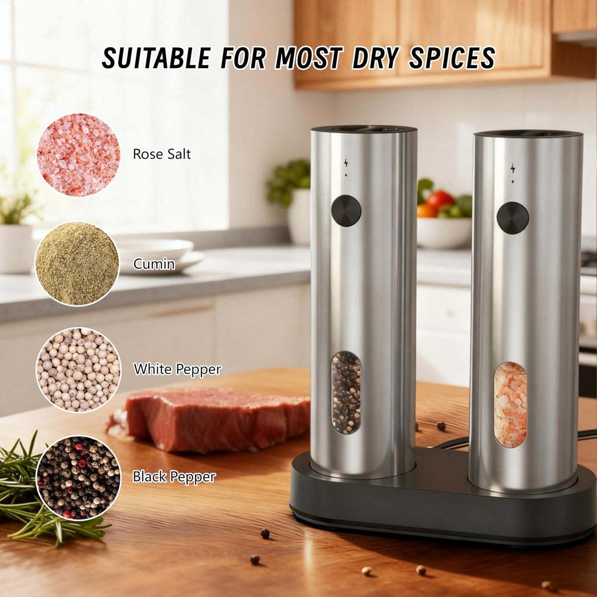 Candlejeeft Electric Salt and Pepper Grinder Set,Rechargeable,Adjustable Coarseness,LED Light with Dual Charging Base,110ml Upgraded Large Capacity,Top-Refill,Stainless Steel Automatic Pepper Shakers