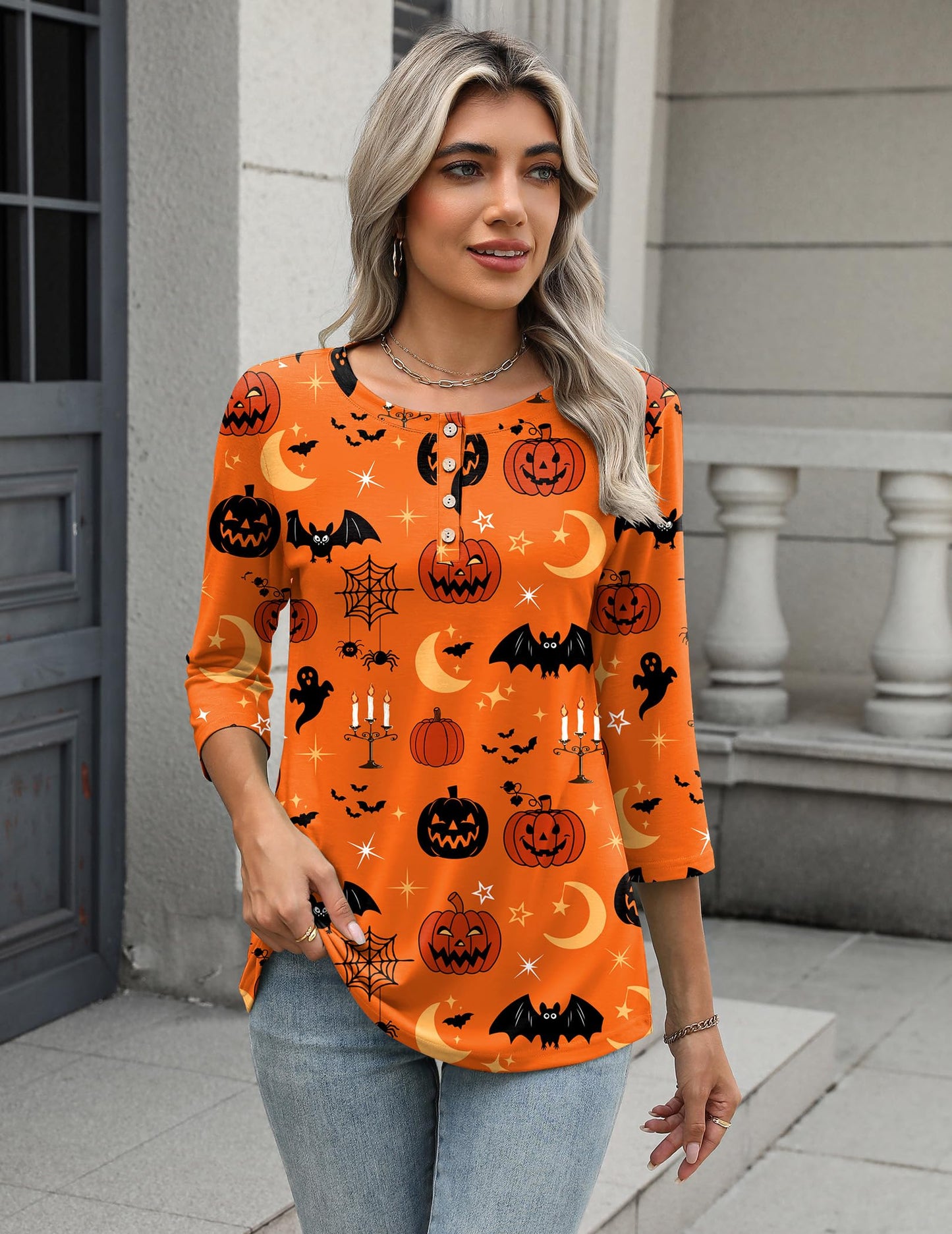 Zeagoo Halloween Shirts Round Neck T Shirts for Women 3/4 Sleeve Blouses Dressy Casual Fall Clothes 2025 Tunic Tops
