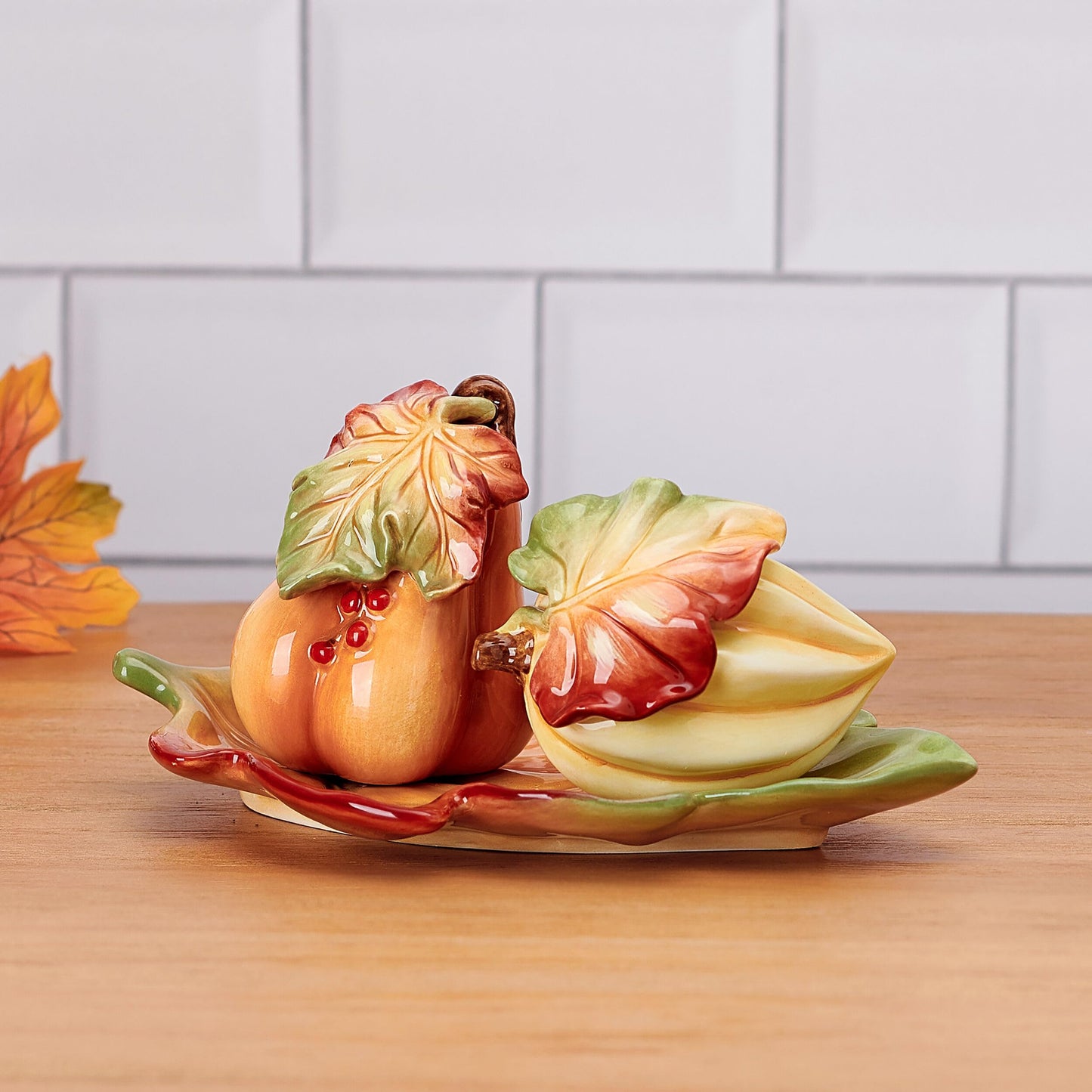 Fitz and Floyd Fall Harvest Salt and Pepper Shaker with Tray, 3 Piece Set