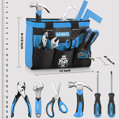 REXBETI 10-Piece Kids Tool Set with Real Hand Tools, Blue Durable Storage Bag, Children Learning Tool Kit for Home DIY and Woodworking,6+ Years Old Birthday Gift