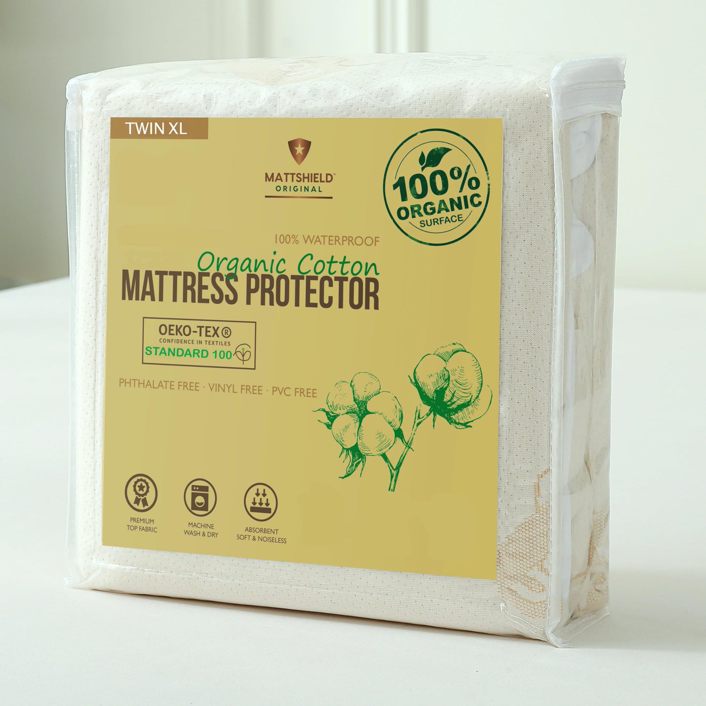 Waterproof Organic Mattress Protector Twin XL Size – Premium Soft Organic Cotton Surface Mattress Cover – Noiseless & Breathable 250 GSM Mattress Pad – Deep Pocket Fitted Design