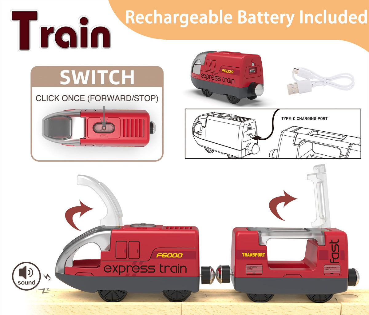 Remote Control Train Set with Light & Sound Tunnel – Battery Operated Bullet Train for Wooden Track, Compatible with Thomas & Brio, Gift for Kids 3-5