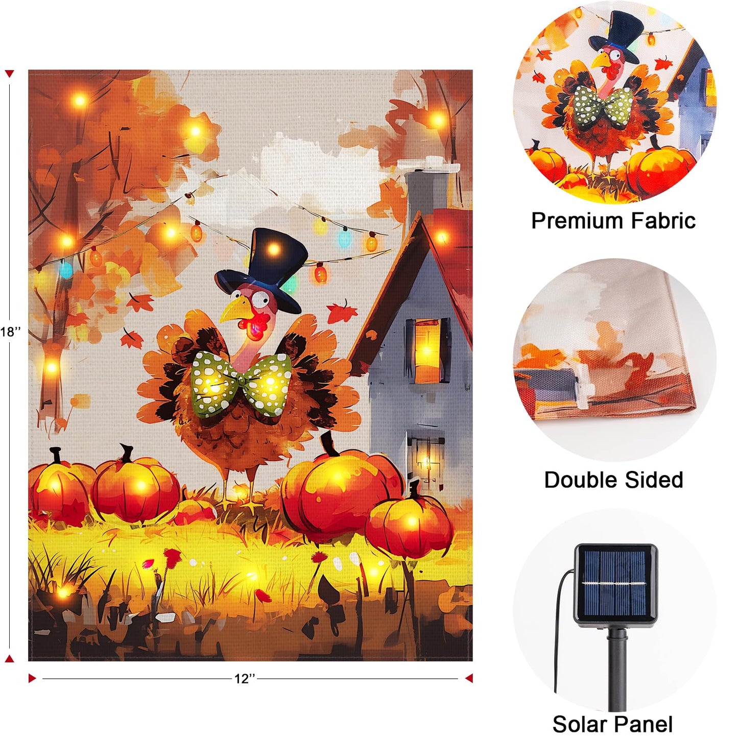 Thanksgiving Lighted Fall Garden Flag, Solar Outdoor Decorative Led Flags Yard Decor, 8 Lighting Modes Led Flag,12x18 Double Sided Turkey Pumpkin Halloween Decorations for Home Porch Outside