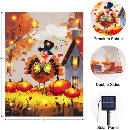 Thanksgiving Lighted Fall Garden Flag, Solar Outdoor Decorative Led Flags Yard Decor, 8 Lighting Modes Led Flag,12x18 Double Sided Turkey Pumpkin Halloween Decorations for Home Porch Outside