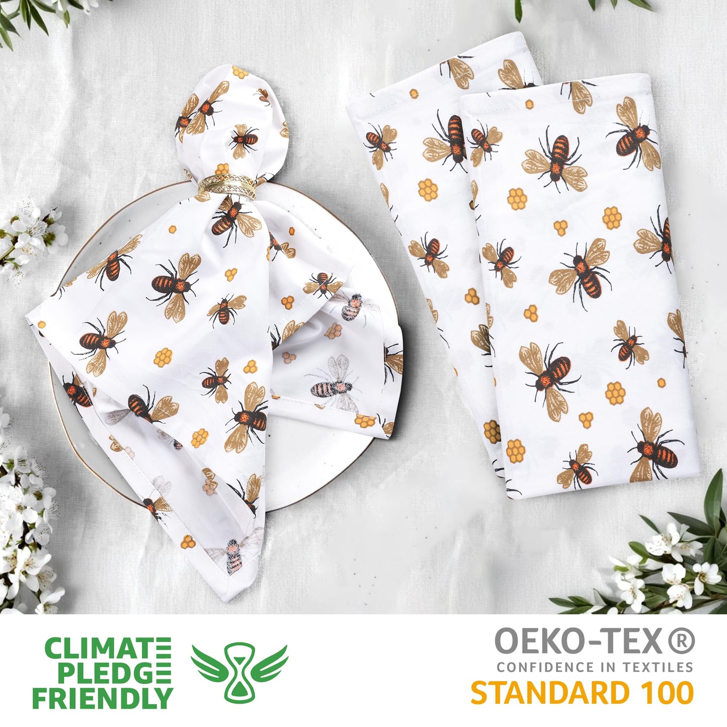 Urban Villa Dinner Napkins Honey Bee Print Cloth Napkins (Set of 12) Oversized 20x20 Inches 100% Cotton Premium Quality Soft Durable with Mitered Corners Reusable Washable Everyday Use Parties Napkins