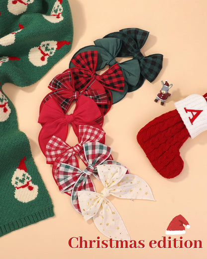 doboi 8PCS 5.5" Christmas Baby Girls Hair Clips Fable Hair Bows Cotton Linen Bows for Girls Gingham Hair Accessories for Baby Toddlers Kids