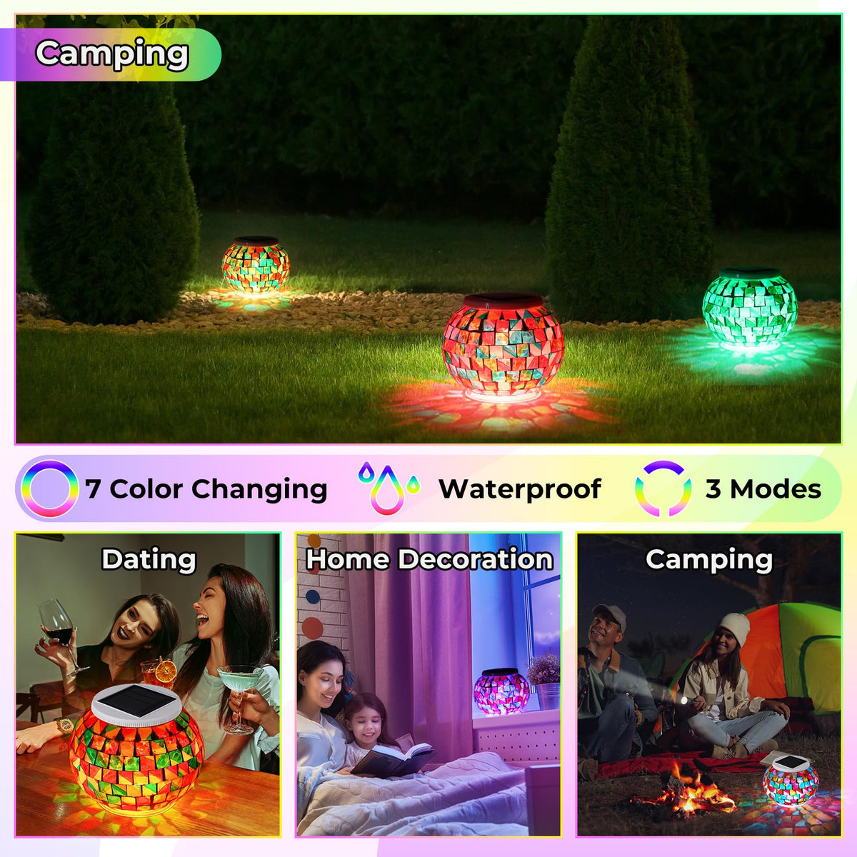 VIHOSE 4 Pcs Color Changing Mosaic Solar Lights Outdoor LED Ball Globe Garden Table Light Waterproof Solar Night Lamps for Christmas Patio Garden Party Yard