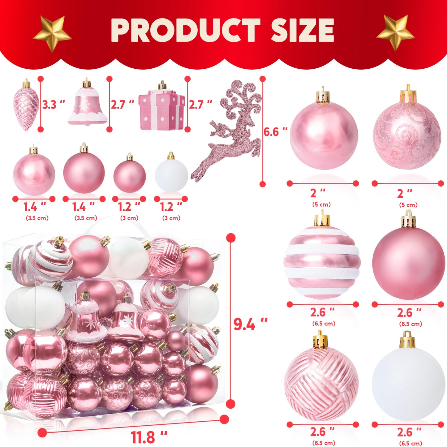 Joiedomi 66 Pcs Christmas Balls Ornaments Set, Pink Shatterproof Plastic Christmas Tree Ornaments for Xmas Hanging Decoration, Holiday Party Decoration