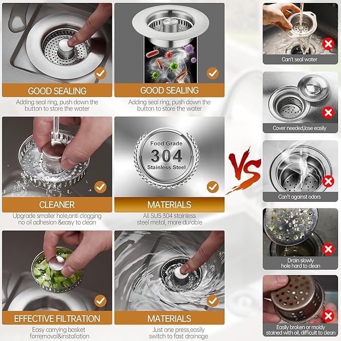 YYKBZ 3 in 1 Kitchen Sink Drain Strainer， Stainless Steel Pop Up Sink Stopper，
